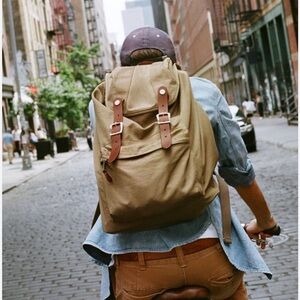 J.Crew Harwick Backpack Nylon Khaki Leather Straps - Men Bag 15” x 22”